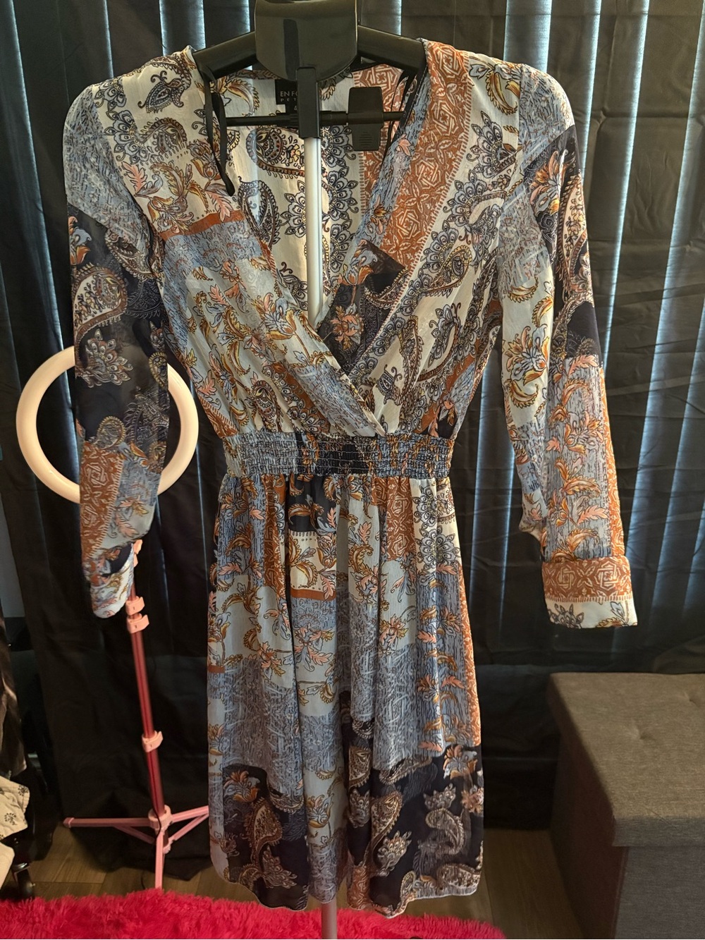 Enfocus Studio Paisley V-Neck Long Sleeve Dress in Blue and Brown